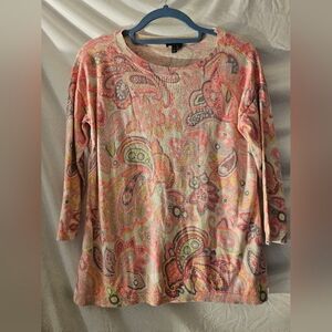 Talbots Women's Sz S Pullover Sweater Thin Lightweight Top Pink Paisley 3/4 Slee